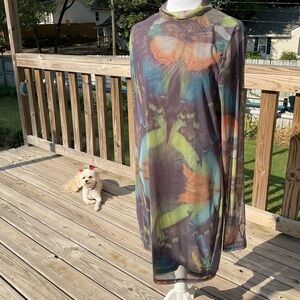 AKIRA Sheer Mesh Butterfly Print Long Sleeve Mini Dress 2X